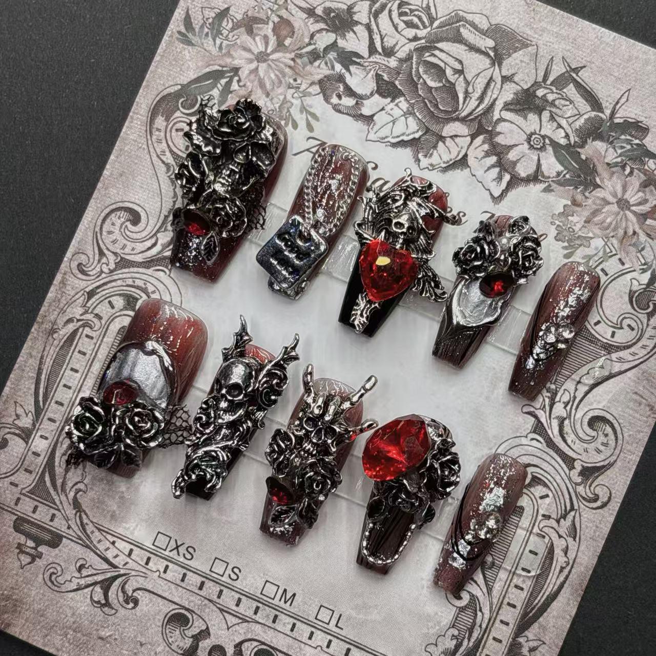 Dark Skull Horror Medium Length Pointed Fake Nails - Handmade and Wearable.