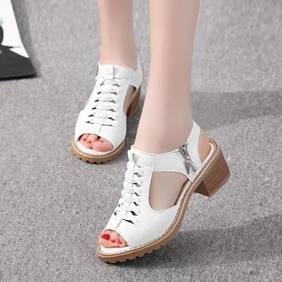 Fashion 2024 New Women's Square Heel Summer Shoes Leather Zip Gladiator Sandals Medium Heel Zip Platform Sandals High Heels 43