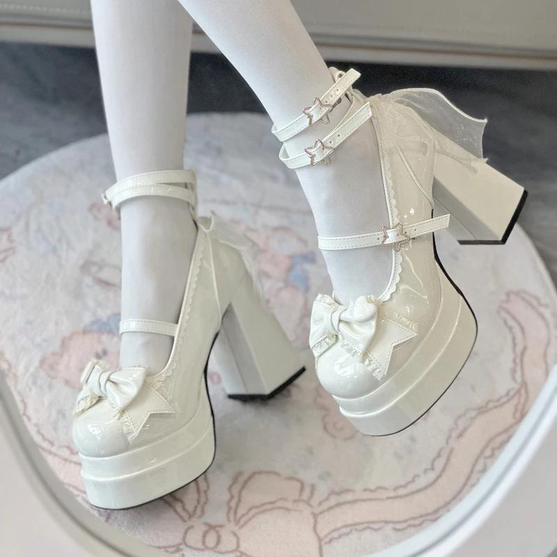 Fashion Platform High Heels Women Lolita Shoes Mary Jane Fashion Shallow Butterfly-knot Shoes Ladies Party Dress Cross Strap Pumps Shoes