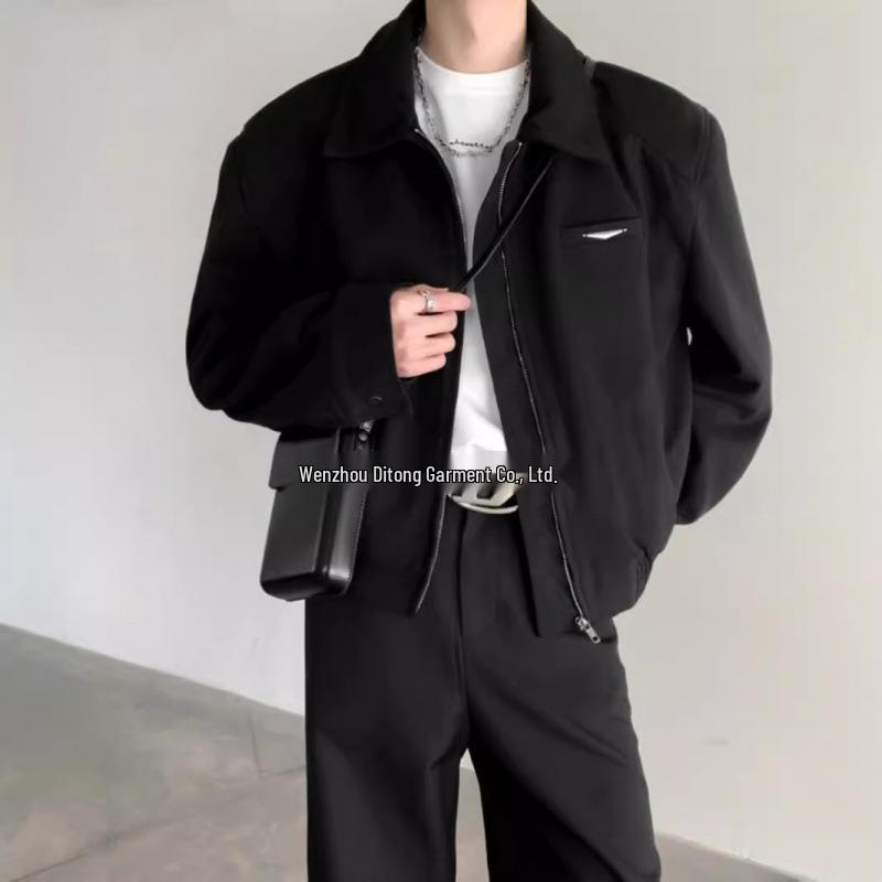 Men s Black Lapel Short Baseball Jacket - Autumn/Winter, American Style with Shoulder Pads L