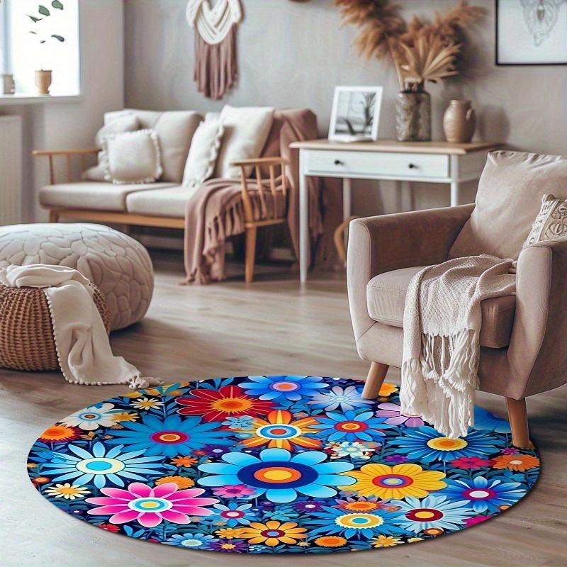 

Colorful Daisy Psychedelic Flower Round Rug Bright Rainbow Flannel Carpet For Kids Room Nursery Play Area Hippie Bohemian Floor 60cm