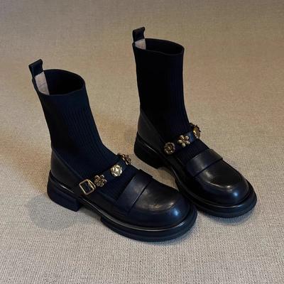 Stivaletti alla caviglia da donna con fiori, scarpe basse da designer in maglia, moda 2025, stivali gotici nuovi da passeggio invernali corti a calzino da donna, stivali