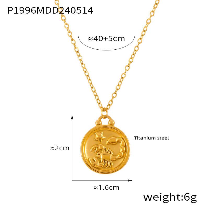 Fenny Fashion Embossed Stars 12 Constellations Round Brand Pendant Necklace 18K Gold Plated Stainless Steel Jewelry