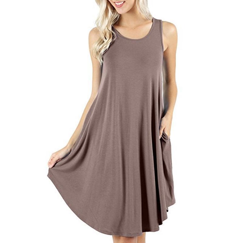 Women's Spring and Summer Sleeveless Pocket Casual Round Neck Vest Dress