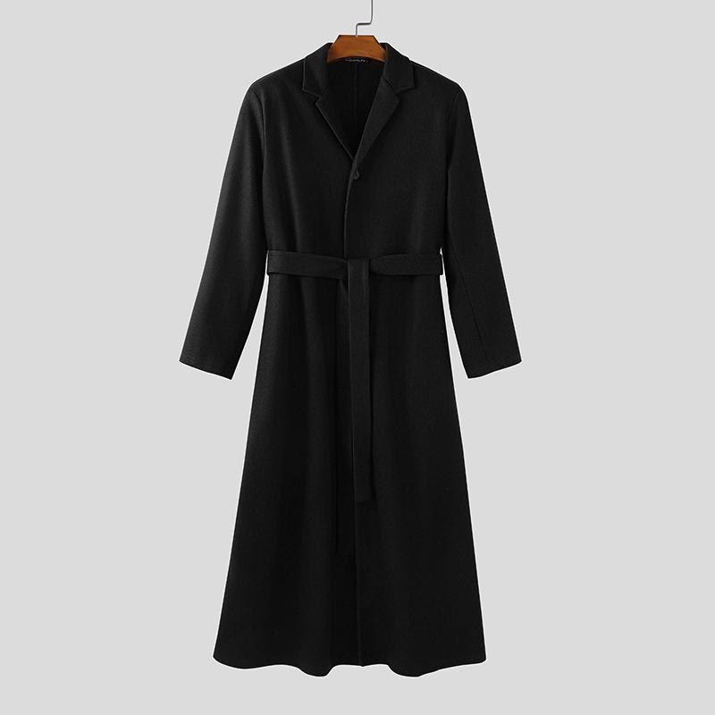 INCERUN Winter Autumn Men Long Sleeve Long Coat Belt Waist Casual Woolen Overcoat