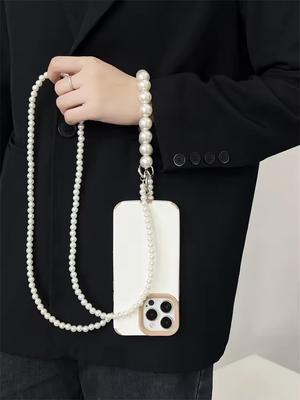 Universal Double-layer Pearl Beaded Phone Case Chain Crossbody Shoulder Cell Mobile Phone Lanyard Wrist Straps with Patch