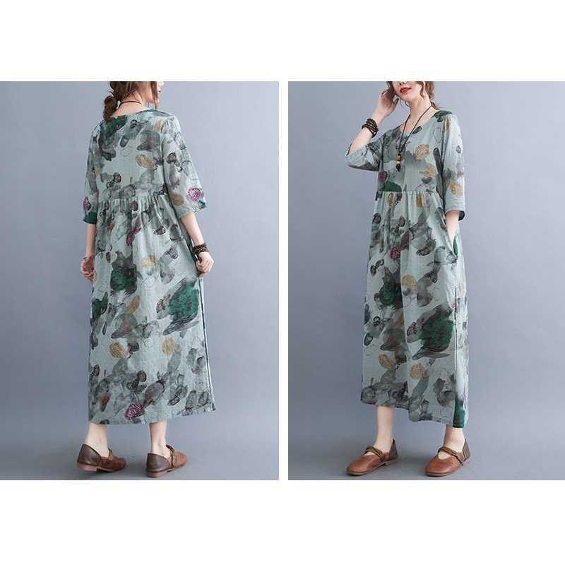 Summer New Literary Large Size Loose Thin Round Neck Five-minute Sleeve Age Reduction Women's Dresses