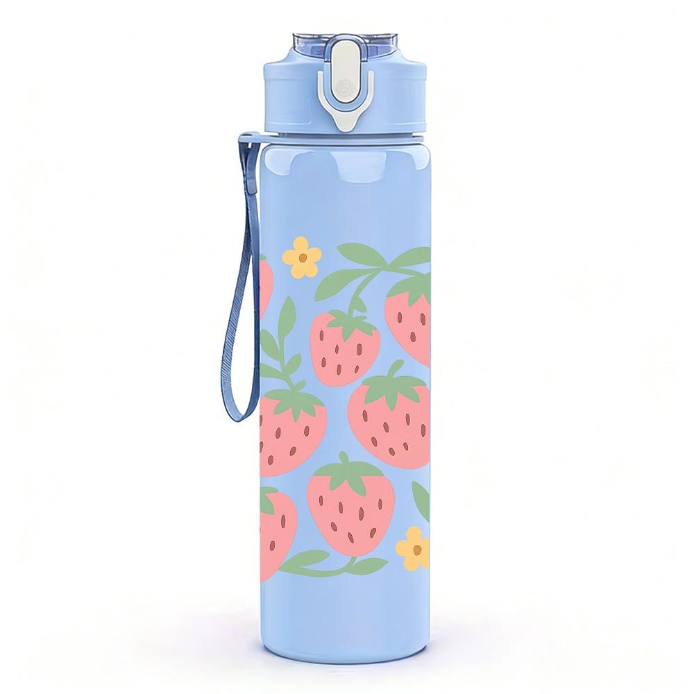1PC Fresh Strawberry Floral Pattern 750ml Color Plastic Sports Water Bottle Leakproof Flip Straw Lid Suitable for Sports Office Home Use