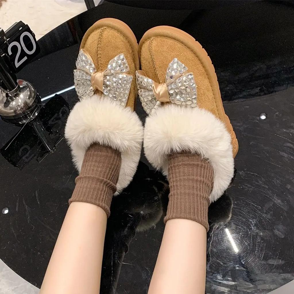 Fashion Flat Black Work Women's Snow Boots Round Toe Butterfly Bow Sale Boot Comfortable and Elegant Ladies Shoes Trend 2025 Plush Warm
