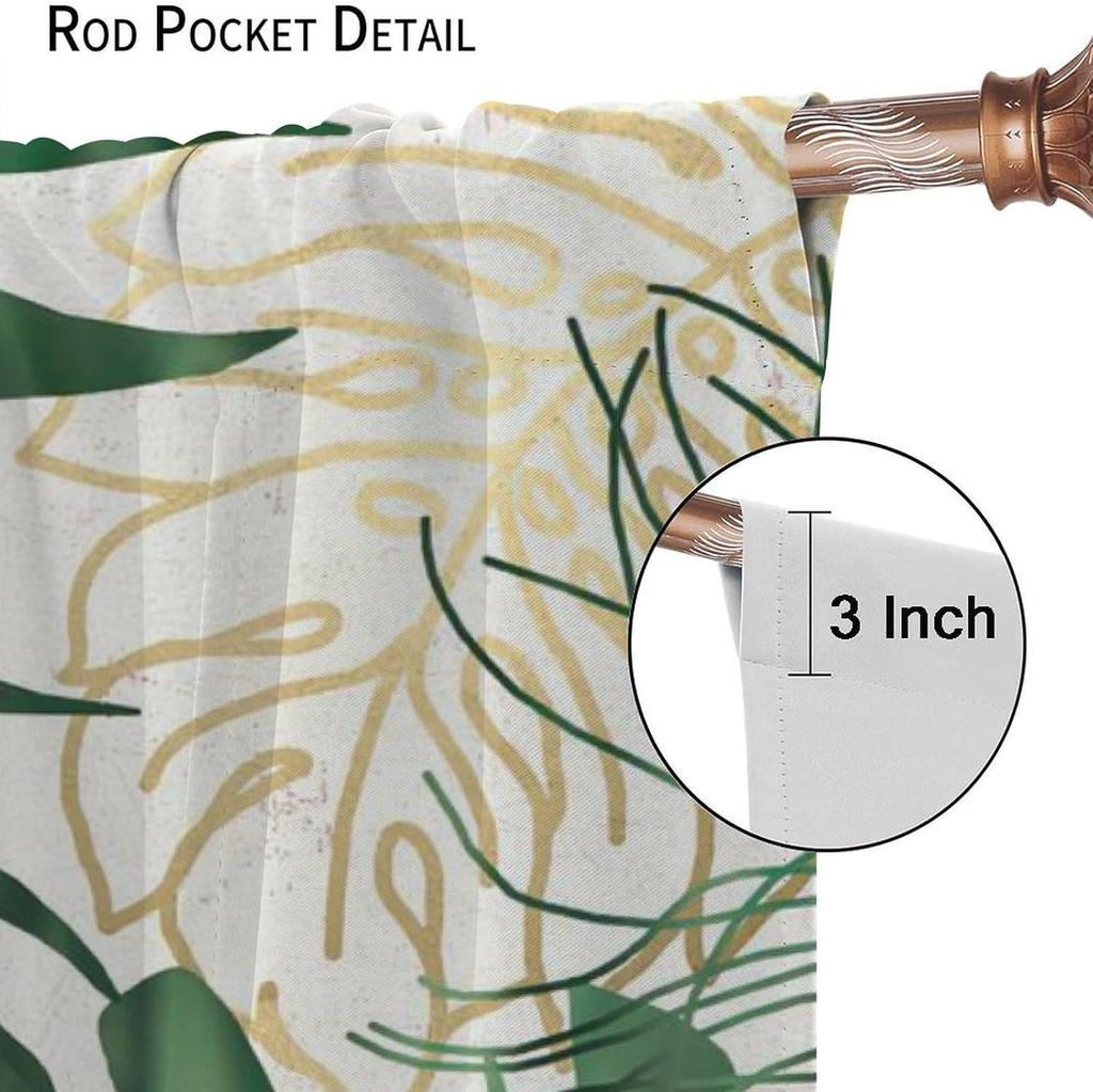 Tropical Palm Leaf Curtains Natural Emerald Green Gold Botanical Plant Abstract Printed Window Treatments Curtain Made Of Polyester With Rod Pocket