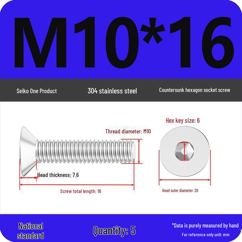 M2-M10 Stainless Steel Flat Head Machine Screws and Bolts Set, Countersunk Hex Socket Cap, 304 Grade.