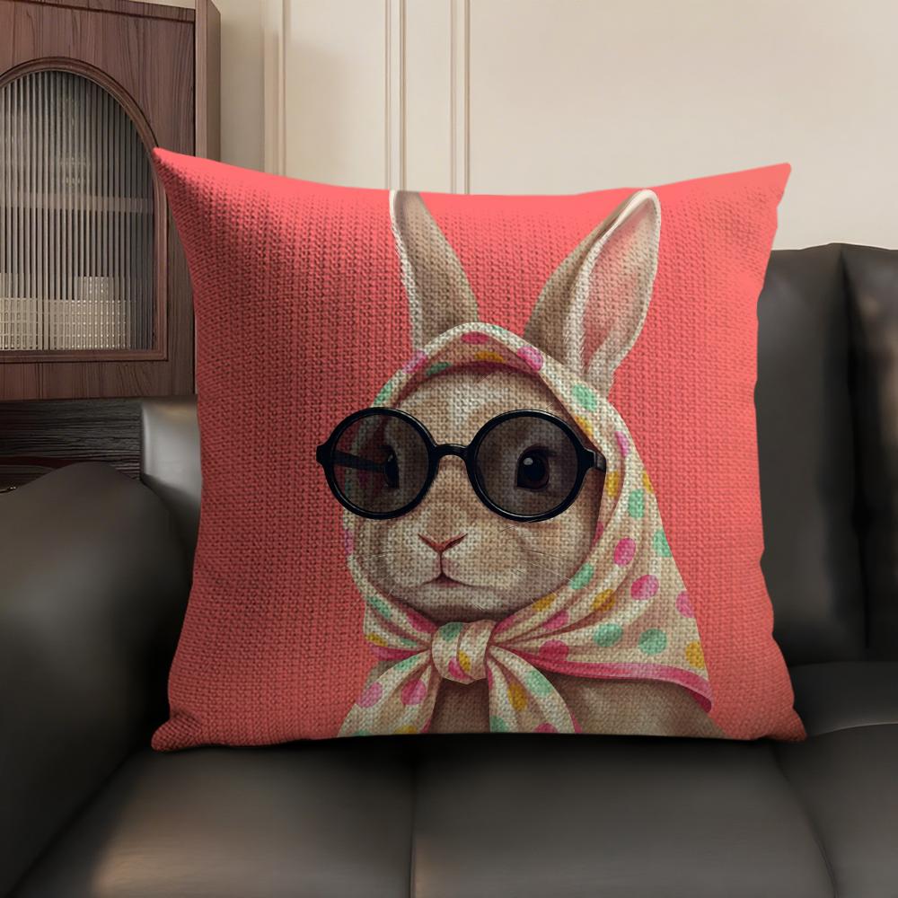 Cute Rabbit Art Cushion Cover Summer Breathable Linen Organic Fabric Double-Sided Printing Sofa Pillow Case Home Decor