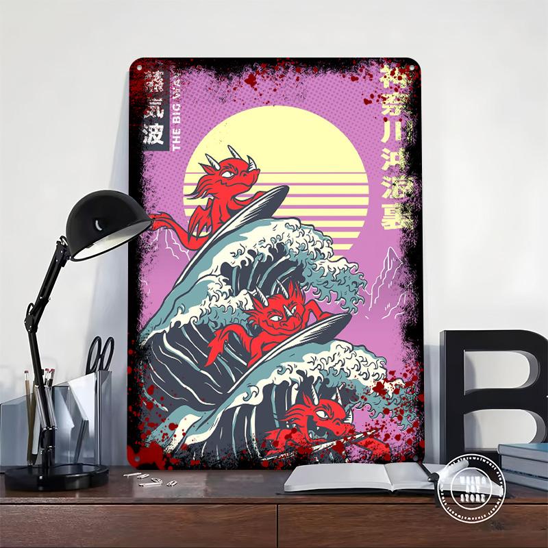 Surfing Dragons Great Wave Poster Customized Wall Art Vintage Metal Signs Retro Tin Plaque for Man Cave Decoration Gaming House