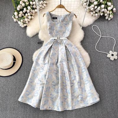 Sommer Elegantes Blumen-Jacquard-Abend-Partykleid für Damen, ärmellos, quadratischer Kragen, Tank-Butterfly-Gürtel, Ballkleider