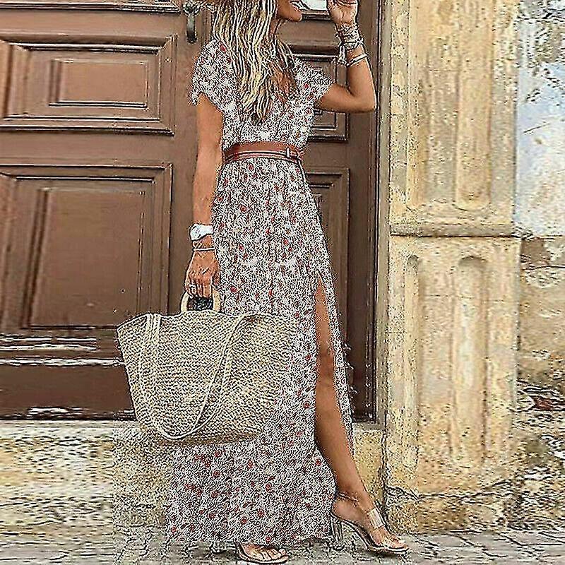 Women Summer Boho Ruffle Maxi Beach Dress Ladies Party Floral Long Sundress - Pengj