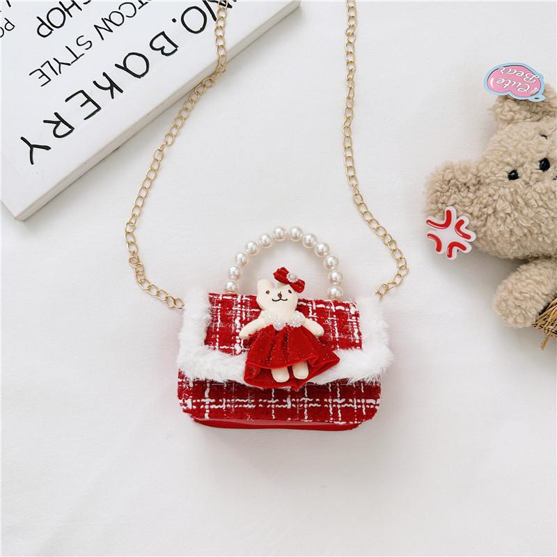 Kids Red Chain Crossbody Bag With Flower And Artificial Pearl Handle Design
