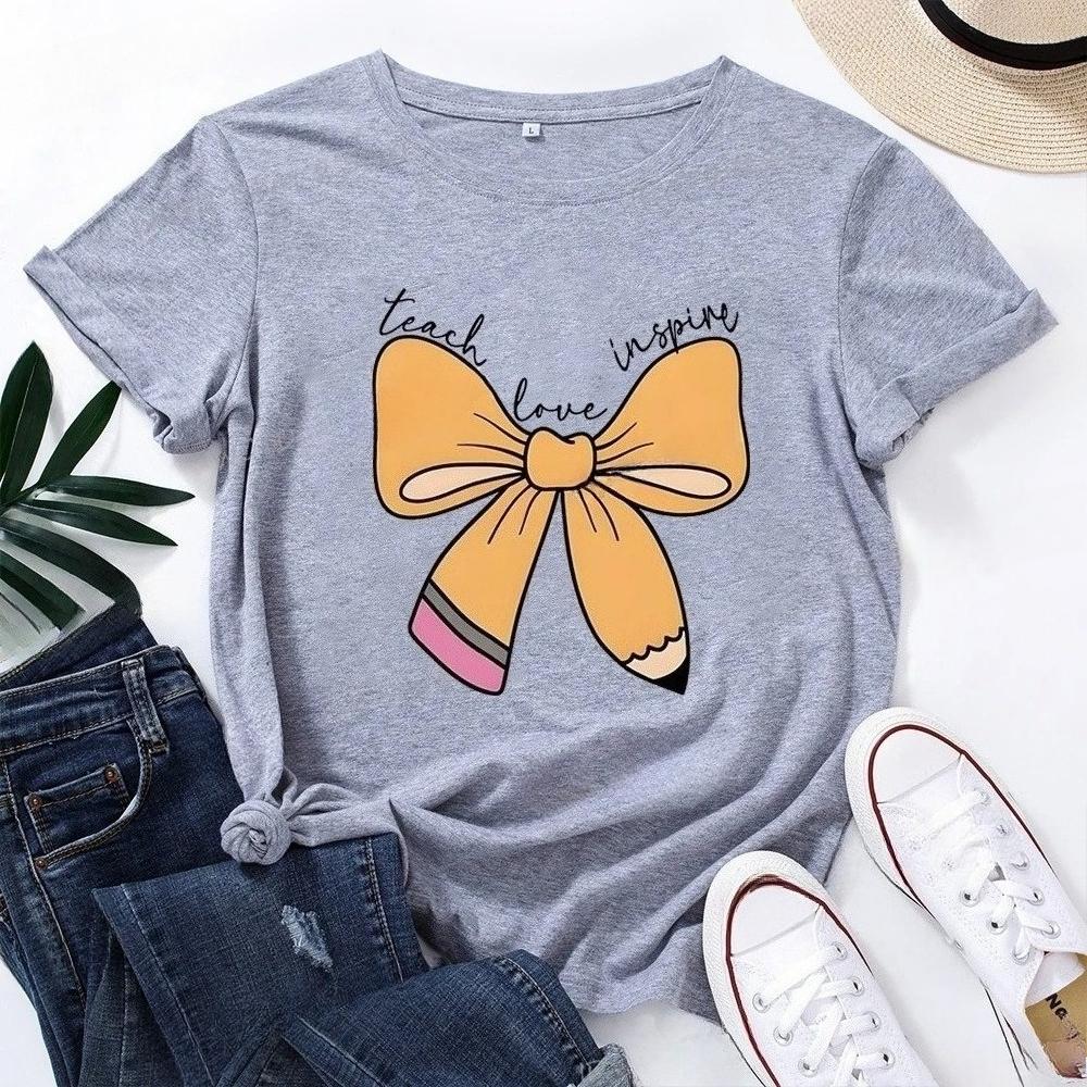 Cute cartoon pencil bow print Tshirt casual round neck short sleeved versatile Womens Tshirt