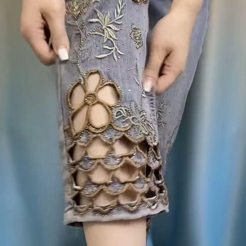 Damen Ausgehöhlte Bestickte Denim Acht-Röhren-Hose Sommer Dünn Hohe Taille