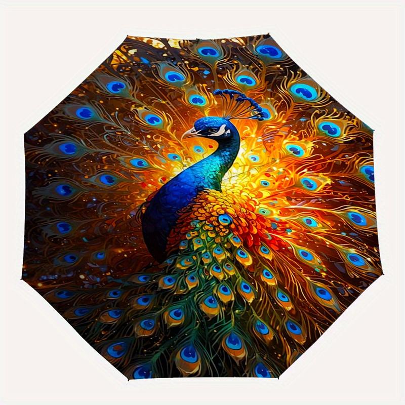 Peacock Feathers Automatic Folding Umbrella 8 Ribs, Durable Iron Frame, Bright Color Pattern Compact Travel Umbrella, Suitable for Outdoor,