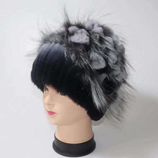 Winter Hand Knitted Real Rex Rabbit Fur Hat Women Warm Quality Rex Rabbit Fur Hats With Fox Fur Lady Natural Soft Real Fur Caps