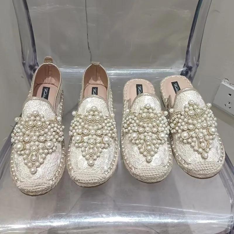 2026 New String Bead Half Slippers Spring Slides Women Shoes Pearl Hemp Women Cotton Fabric Lace Shoes