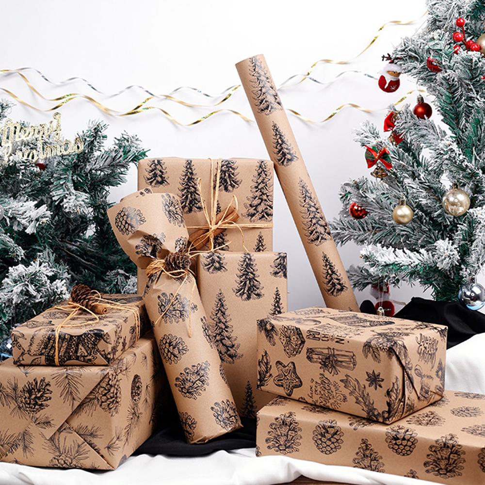 3m/Rolle Weihnachtspapier, Schwarze Kiefernzapfen Weihnachtsbaumglocke Weihnachten Dekoration Rollenverpackung Kraftpapier
