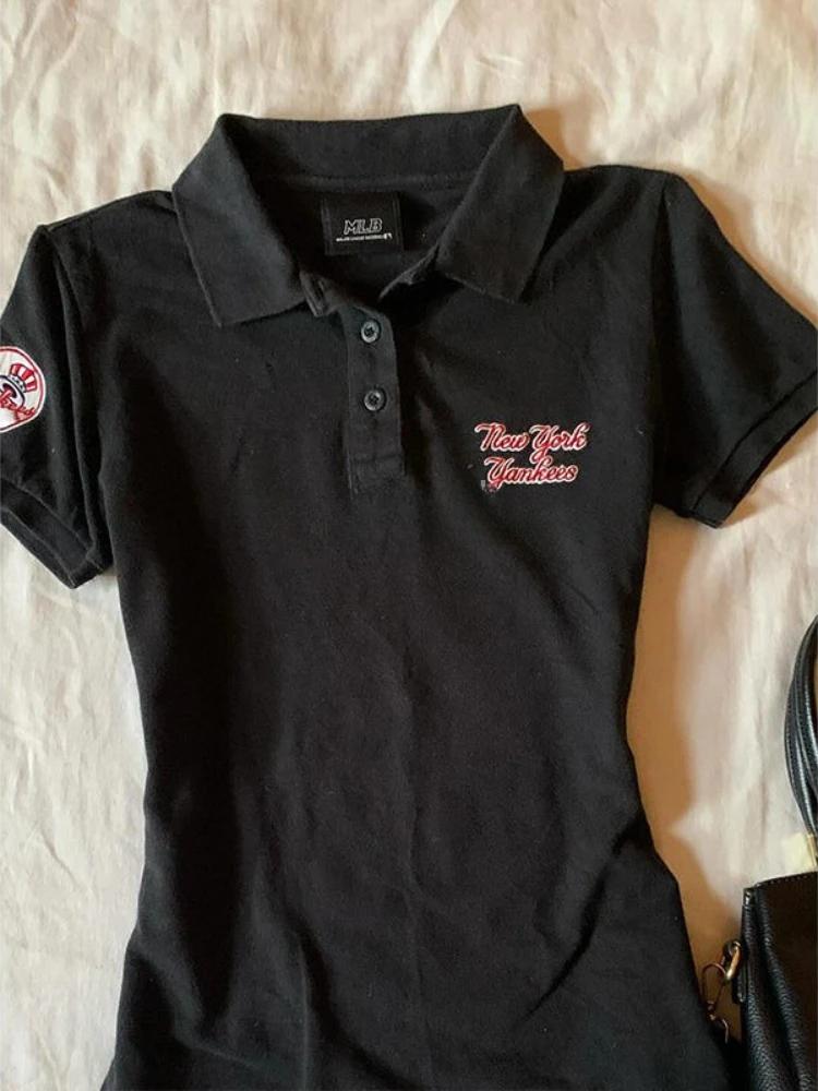 Vyšívané rameno Polo rolák Krátky rukáv Tričko Dámsky letný dizajn Horúce dievča Vintage Preppy štýl Krátke tenké tričká Outfity
