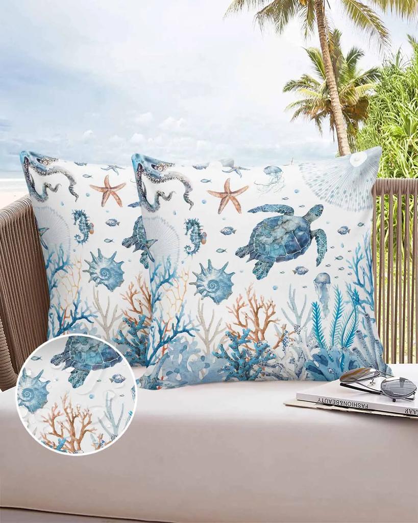 Marine Coral Shell Starfish 2/4PCS Outdoor Garden Chair Waterproof Cushion Cover Modern Home Decor 45/50/60cm Pillow Case