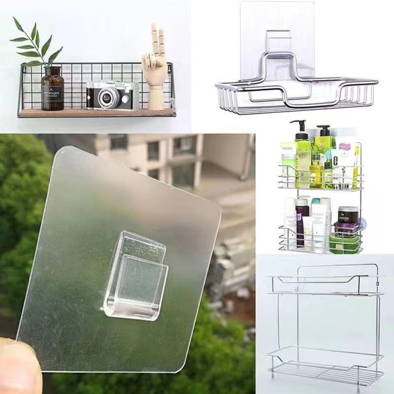 Multi-layer Adhesive Wall-Mount Storage Rack with Transparent Hooks for Bathroom