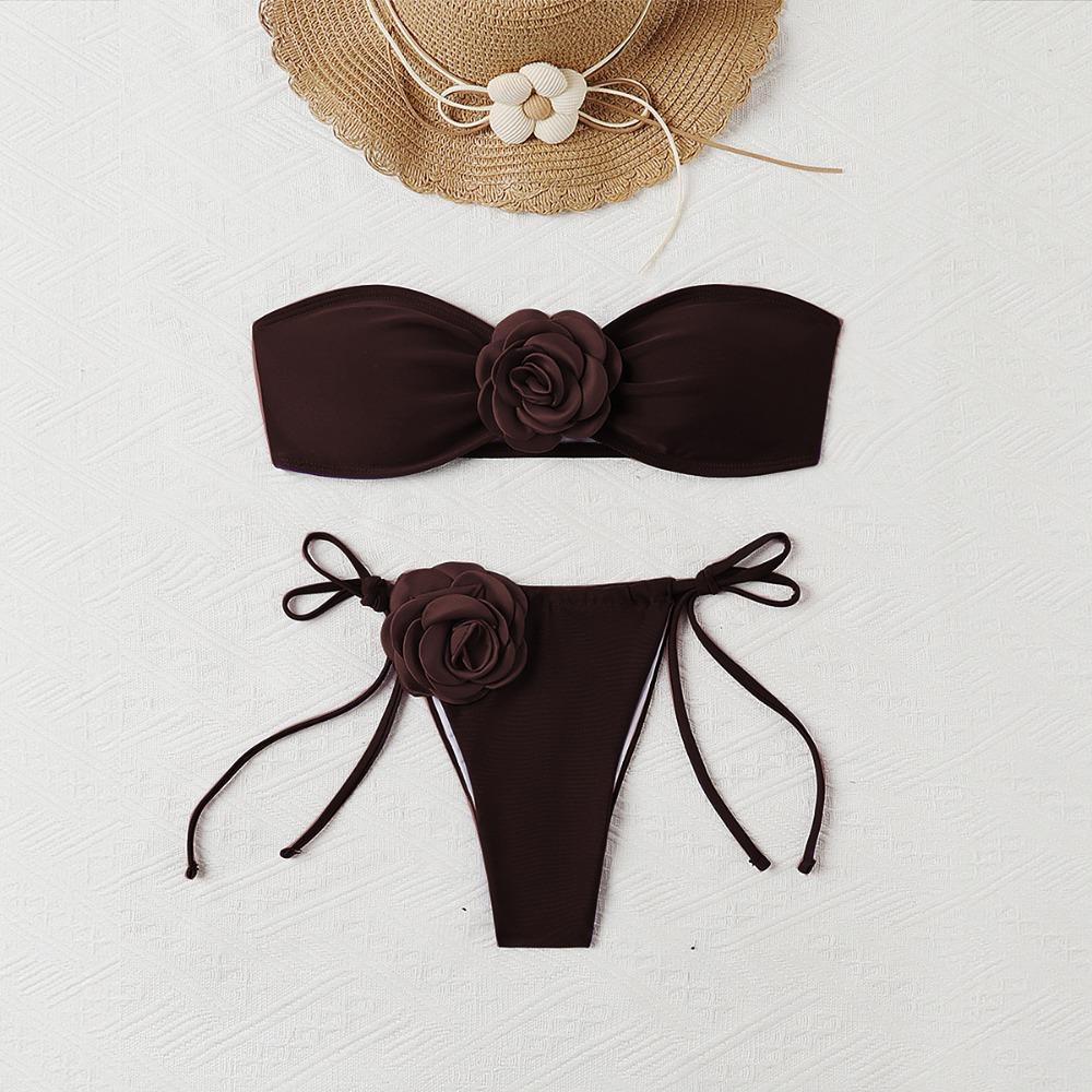 European and American Solid Color Rose Tube Top Bikini Drawstring Strap Split Swimsuit