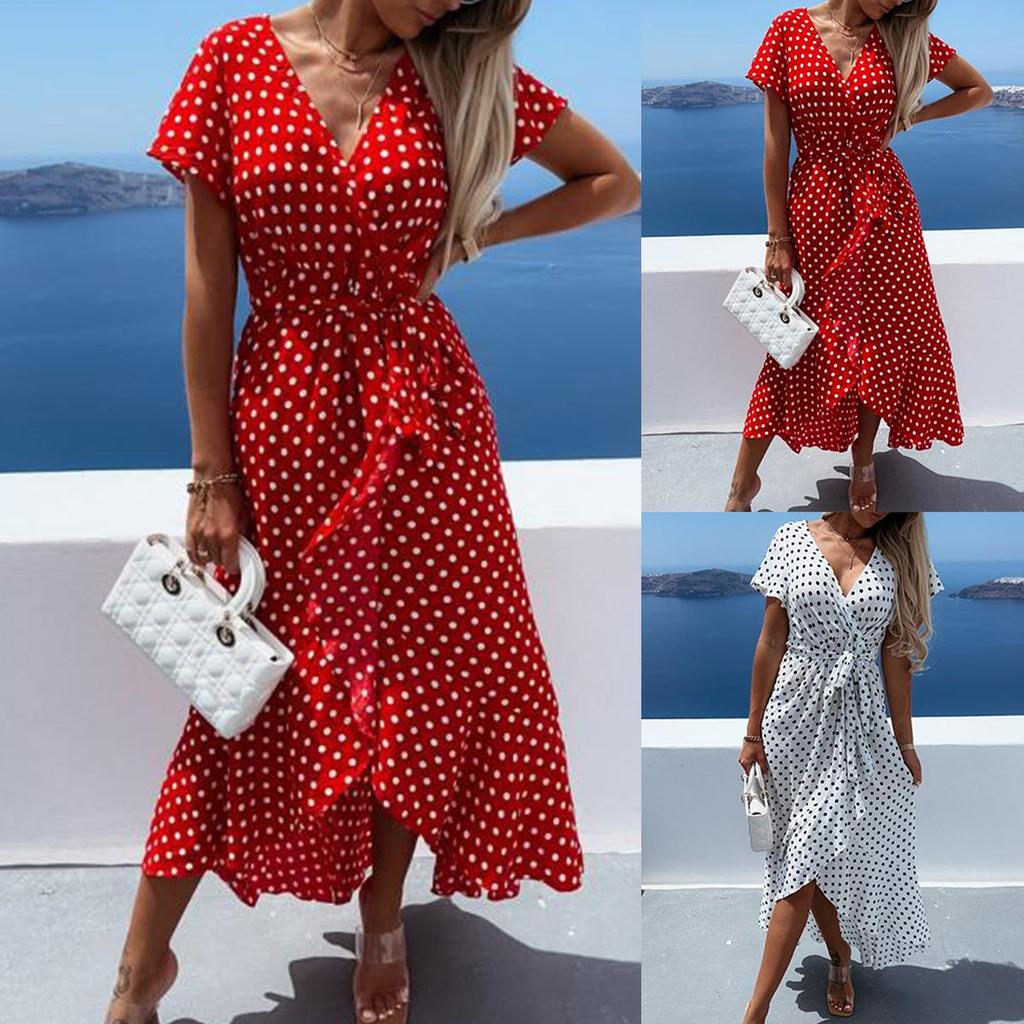Women's Casual V Neck Tie Waist Ruffle Sleeves Polka Dot Print Dress