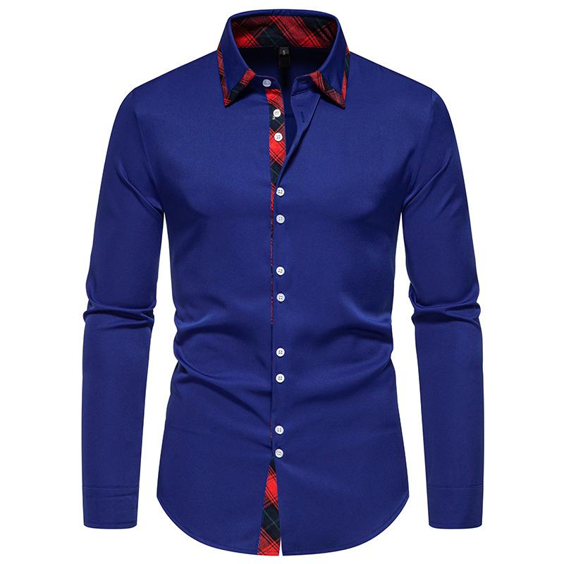 Men's Plaid Contrast Triangle Neck Long Sleeve Shirt Casual Shirt