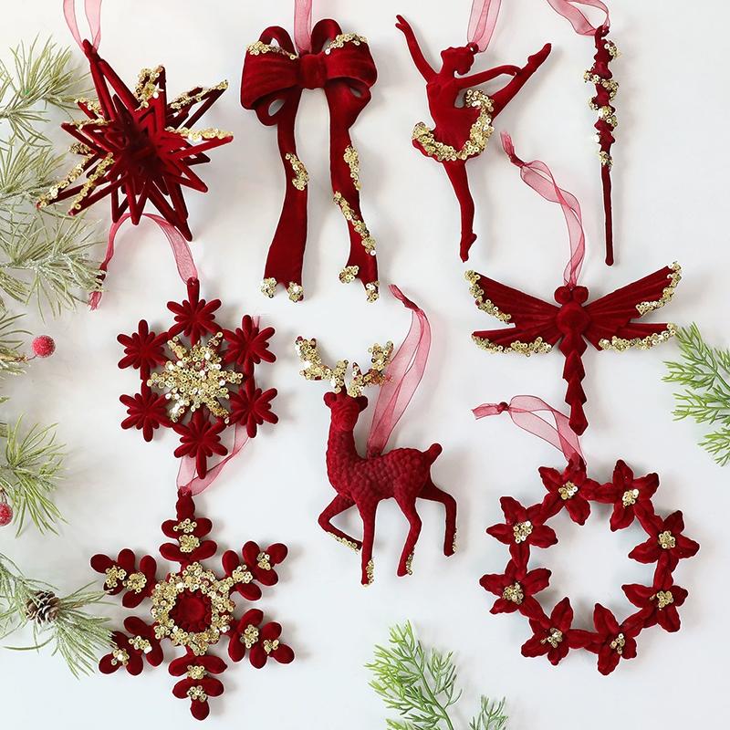 Red Flocking Christmas Tree Pendent Christmas Bells Snow Elk Hanging Ornament Decorations New Year Xmas Festive Atmosphere Decor