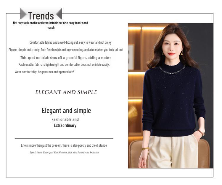 Women's 100% Wool Rhinestone Semi-High Neck Sweater – Fashionable Knitted Base Shirt for Autumn and Winter, Ideal for Middle-Aged and Elderly Mothers