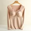 Women Bottoming Tops V-Neck Chest Padded Long Sleeve Thermal Tops Elastic DE Velvet