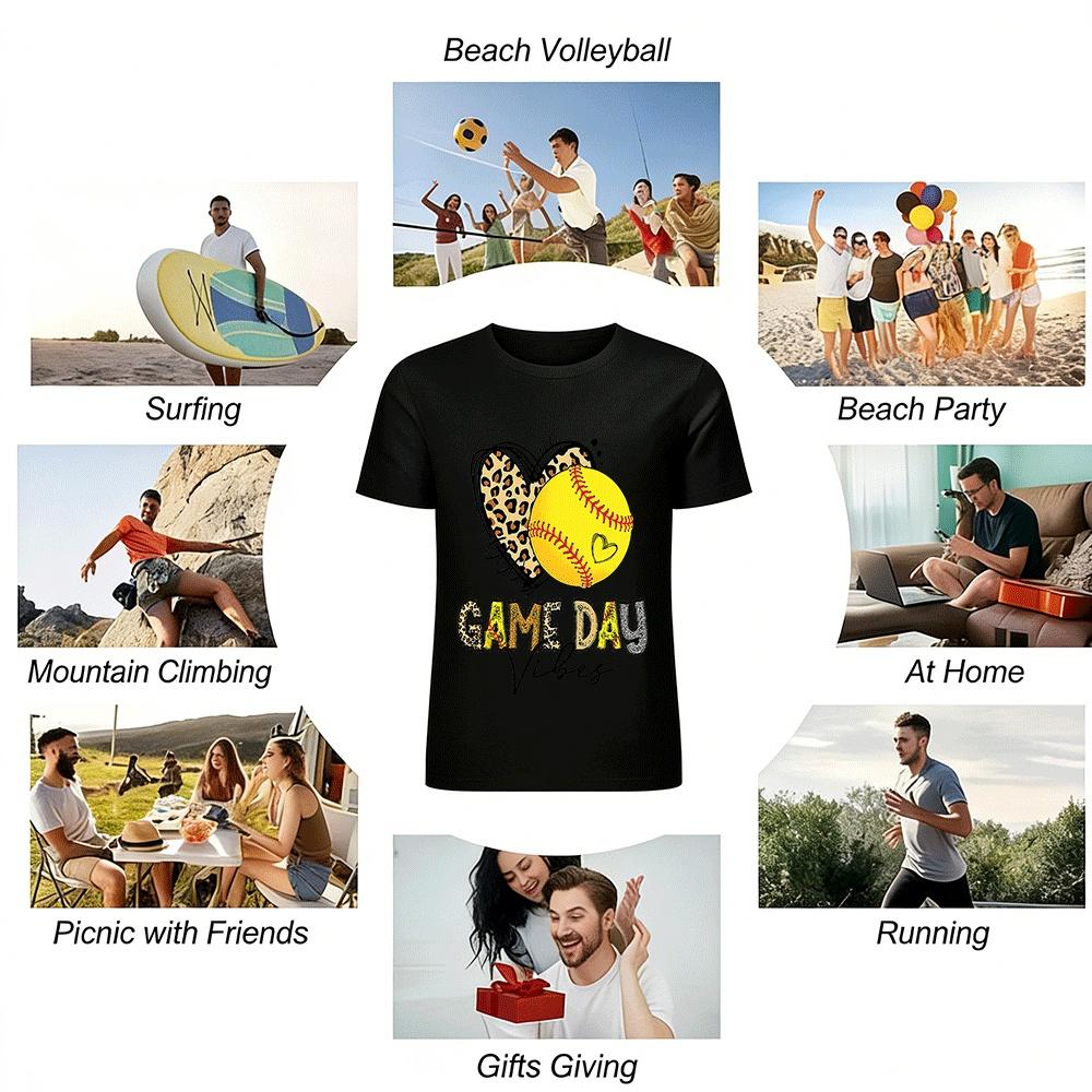 Leopard Heart Softball Game Day Vibes Graphic Tee Pure Cotton T-shirt