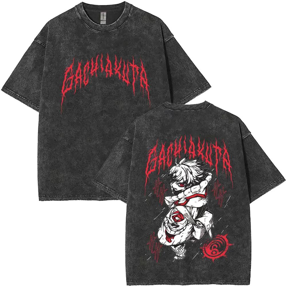 Washed Vintage Anime Gachiakuta Rudo Enjin Zanka Riyo Face Graphic T-shirt Men Women Casual Cartoon Manga Short Sleeve T-shirts