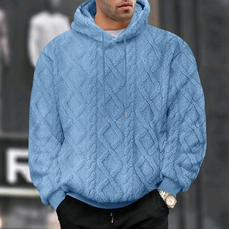 Mens American Casual Loose Fleece Lined Jacquard Hooded Pullover Sweatshirt
