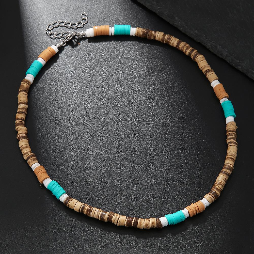 Summer Beach Bohemian Wood Chip Coconut Shell Necklace Men's Surf Necklace Simple Tribal Stainless Steel Necklace