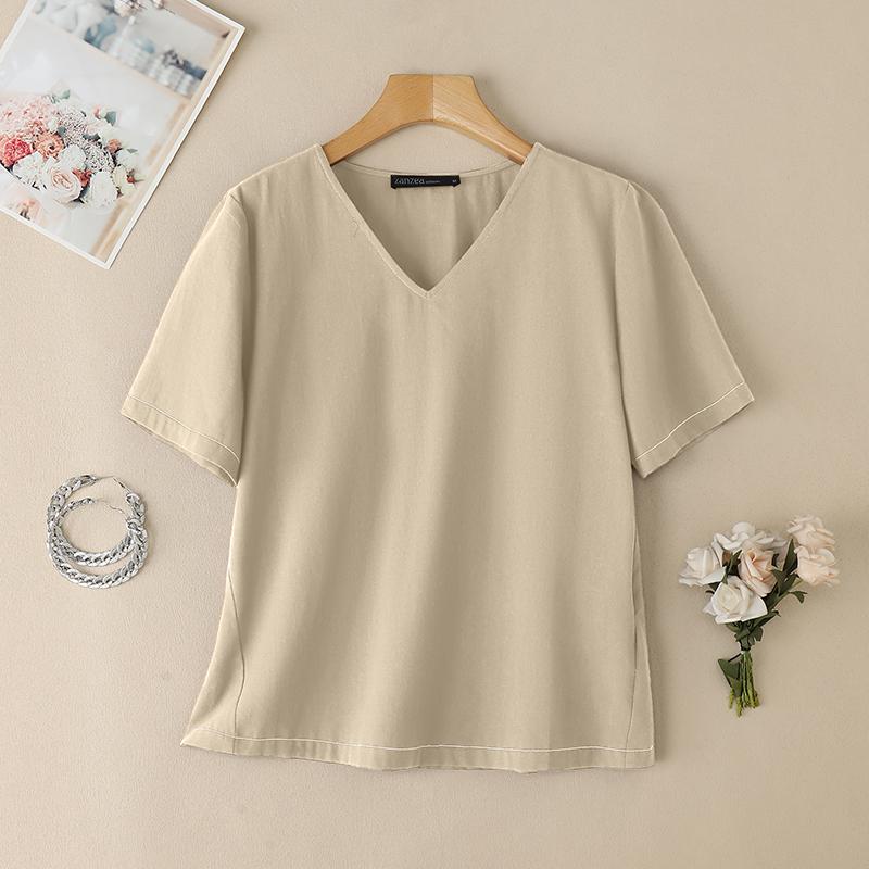 ZANZEA Damen Lässiges Sommer V-Ausschnitt Kurzarm Baumwoll-T-Shirt