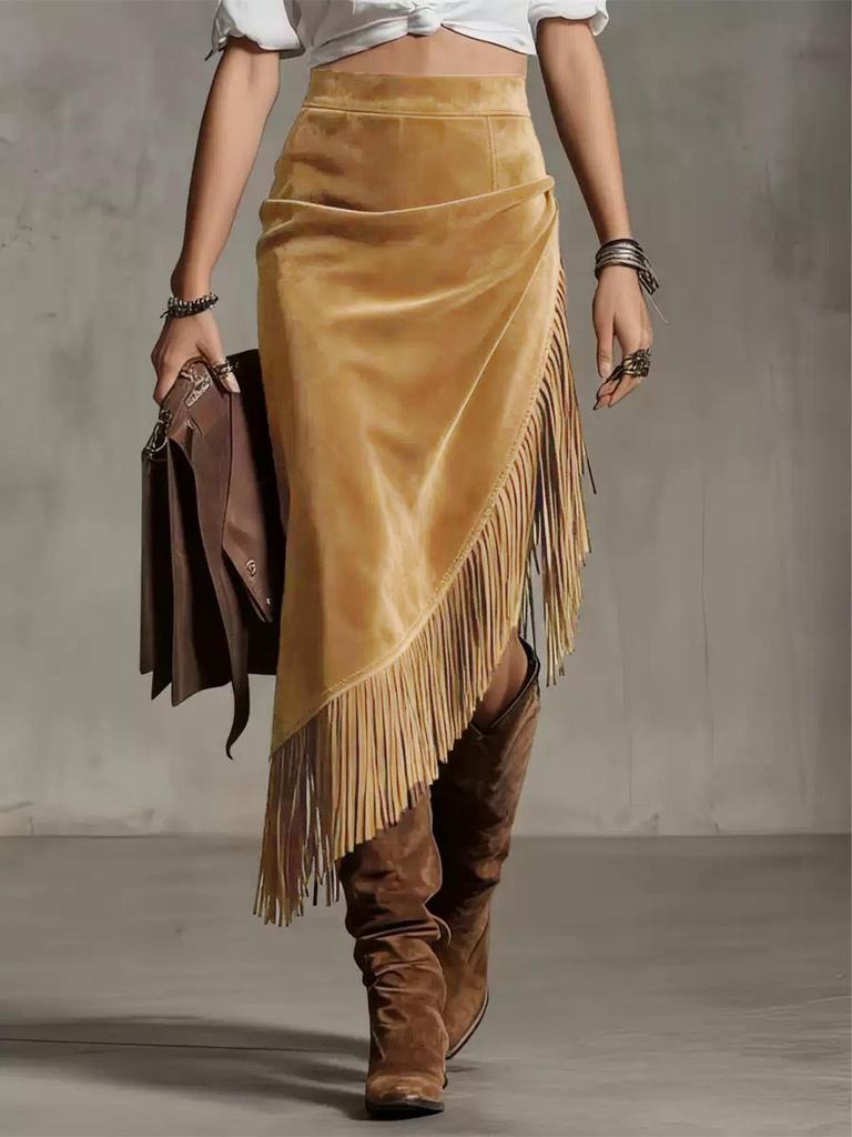 Retro Western European Suede Skirt with Irregular Design, Solid Color, 2026 Style