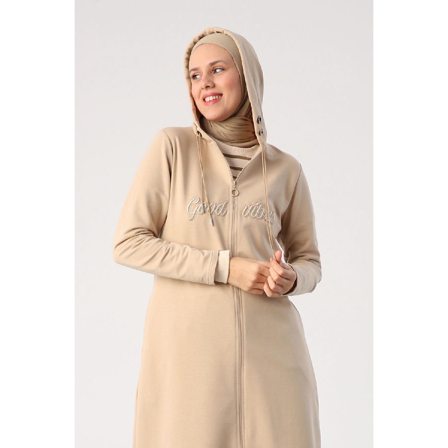 

Beige Applique Embroidered Double Cord Hooded Cardigan 36 бежевий