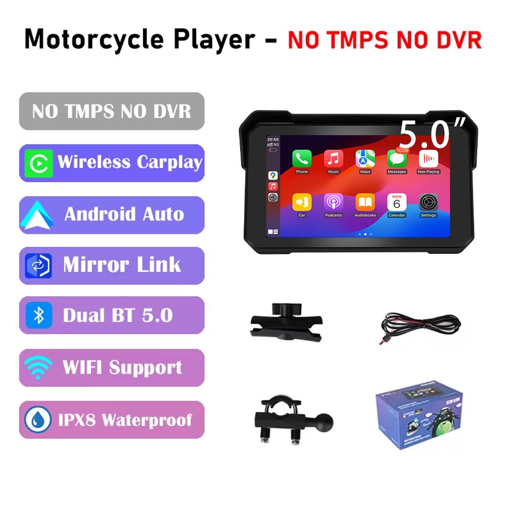 

ДЛЯ мотоцикла Carplay Водонепроницаемый 1080P 5-дюймовый WiFi беспроводной Android-Auto DVR монитор Видеорегистратор GPS навигация TPMS Удобный для переноски