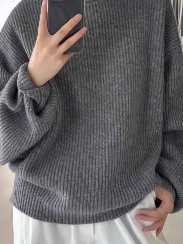 Women's Ribbed Round Neck Wool Sweater - Loose, Slimming Knit Pullover, New Fashion Style