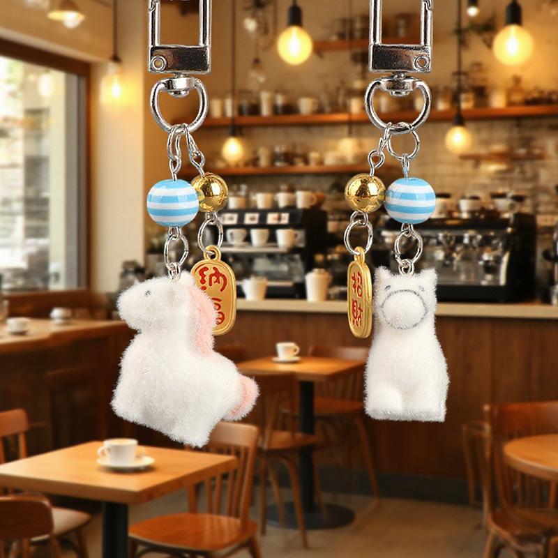Cute Cartoon Flocking Animal Fortune Horse Keychain Bag Earphone Pendant Decoration Zodiac Horse Car Keyring New Year Gift