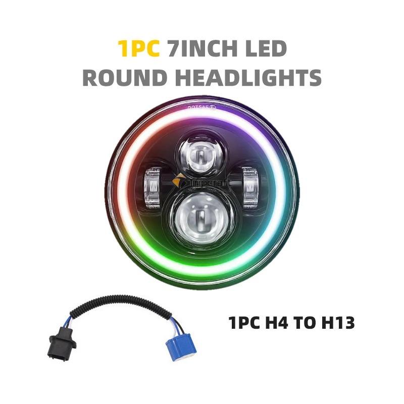 7 Inch Angel Eyes LED Headlight Round H13 H4 LED Lamp with High/Low Beam and DRL 6000K Colorful Angle Eye Light