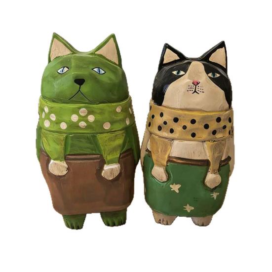 Wooden Hand-Carved Cat Figurine, Artistic Kitten Ornament, Rustic Collectible Kitty Sculpture, Unique Desktop Ornament Birthday Gift for Friends Cat