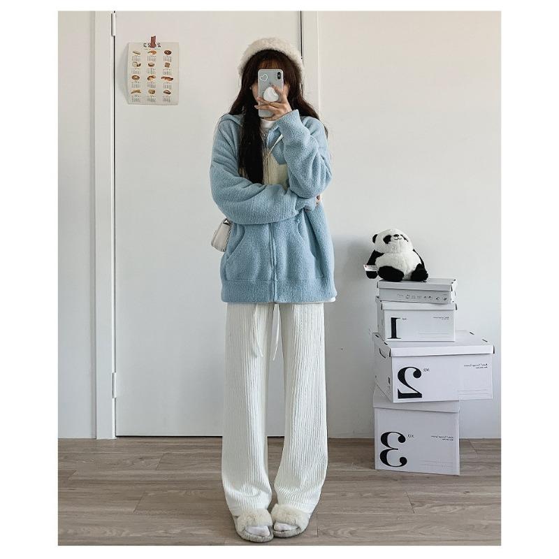 

Spring and summer knitted wide-leg pants women s high-waisted drape narrow version straight casual floor pants women s high-waisted and thin One Size (80-70kg)
