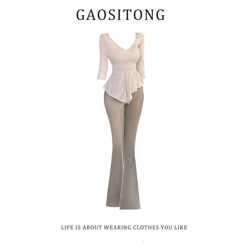 

Gaositong Pure Desire Style V-Neck Ruched Waist Top for Women Spring/Summer 2026 Elegant Draped Flared Pants Set Top L