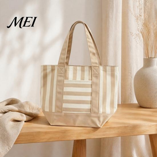 Tote Bag Striped Canvas Bag, Stylish Reusable Grocery with Reinforced Shoulder Strap Front Pocket, for Shopping Picnic Commuting Durable